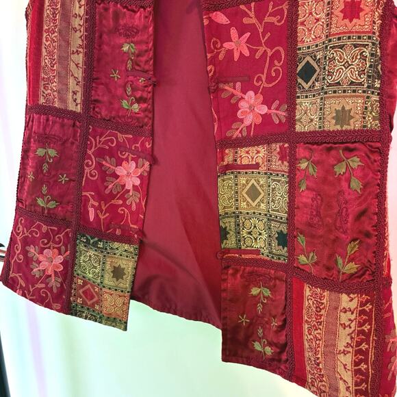 Patchwork Sleeveless Vest Asian Inspired Bohemian Red Artsy Romantic Small - Picture 5 of 8
